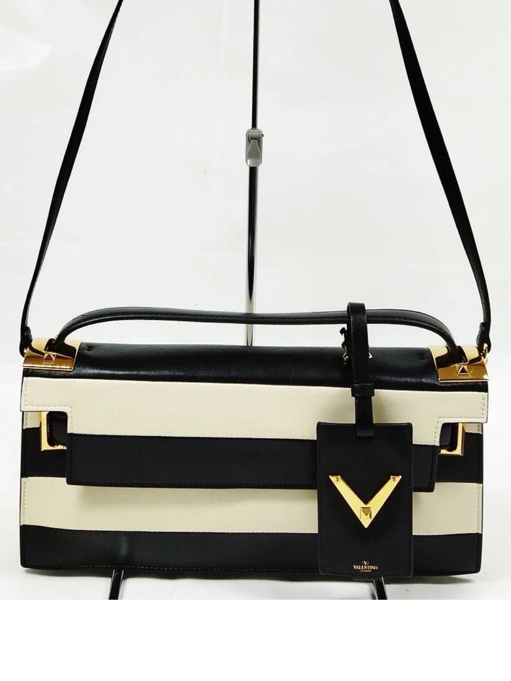 Valentino Garavani Black White Leather Shoulder Bag V Logo Convertible Crossbody